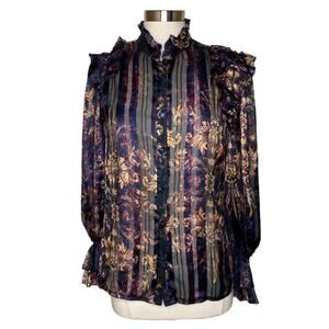 Jeff Gallano Printed Button Front Long‎ Sleeve Sheer Blouse Women’s UK 1 US 6 8